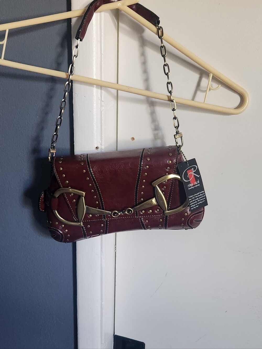 Rina Rich Burgundy Stud-Accent Shoulder Clutch with Gold Hardware